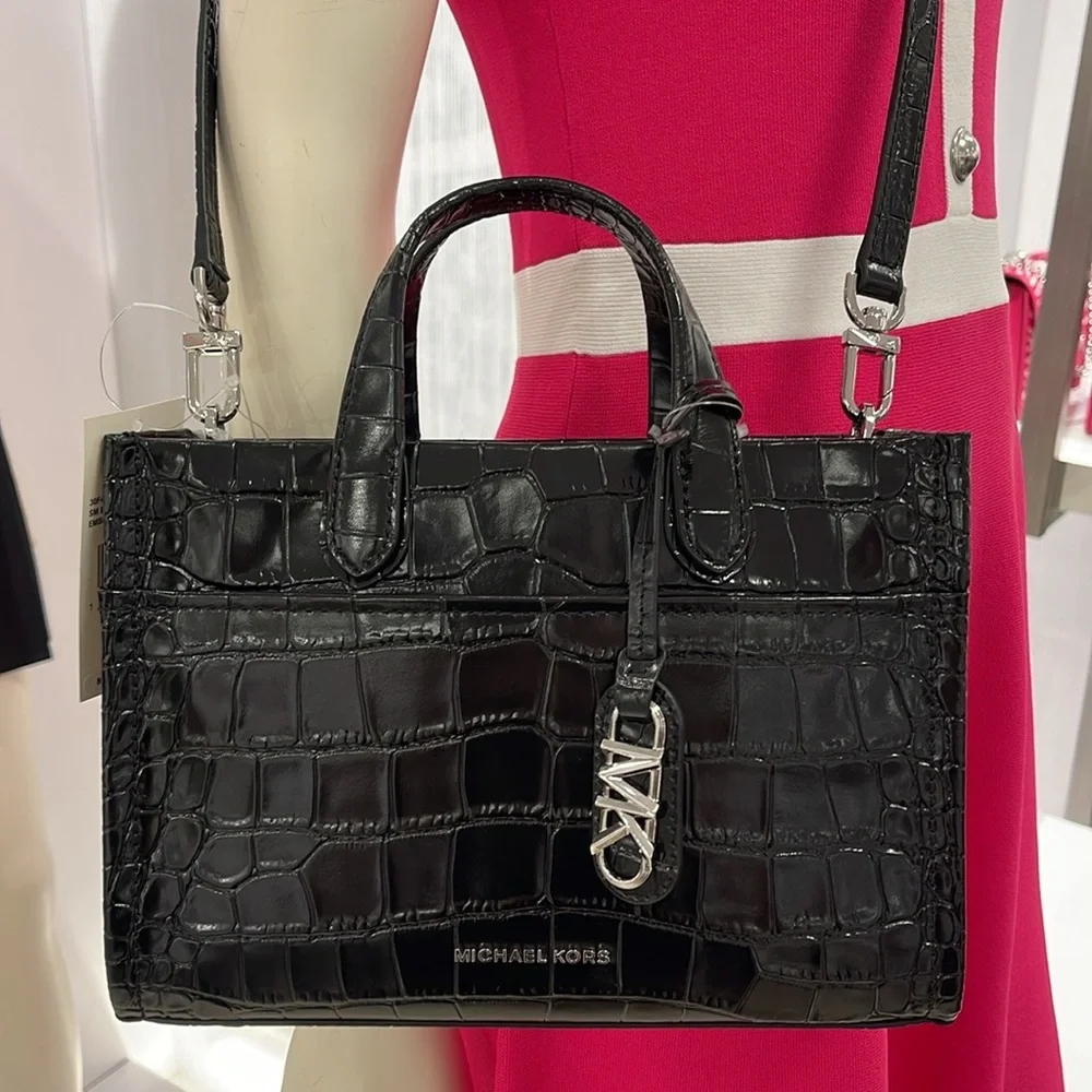 Michael Kors Gigi Small Crocodile Embossed Leather Messenger Bag Black NWT